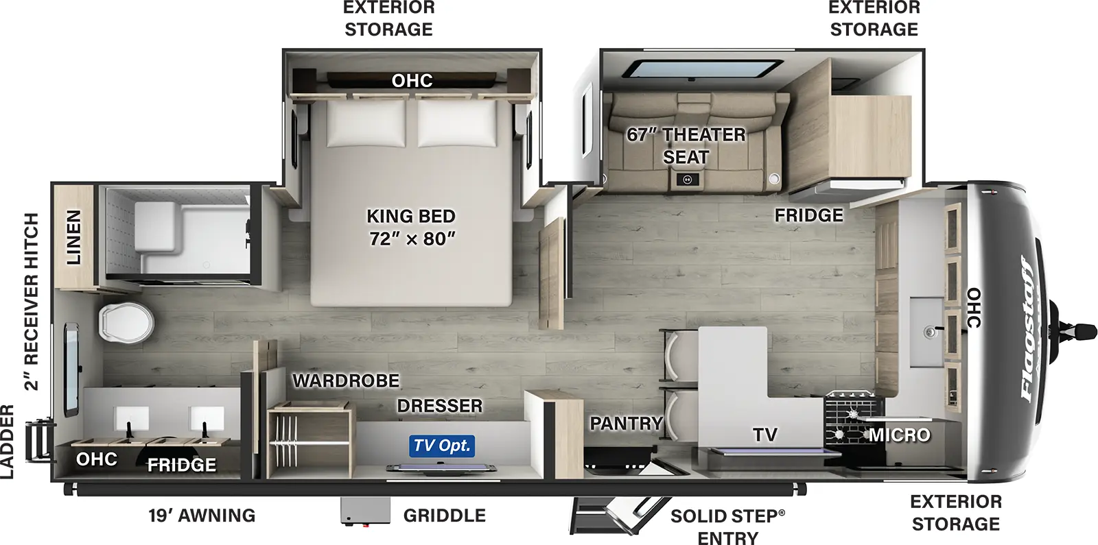 The Flagstaff Classic Travel Trailers 826MBR has one entry and two slide outs. Exterior features include: fiberglass exterior and 19' awning. Interiors features include: front kitchen and rear bathroom.